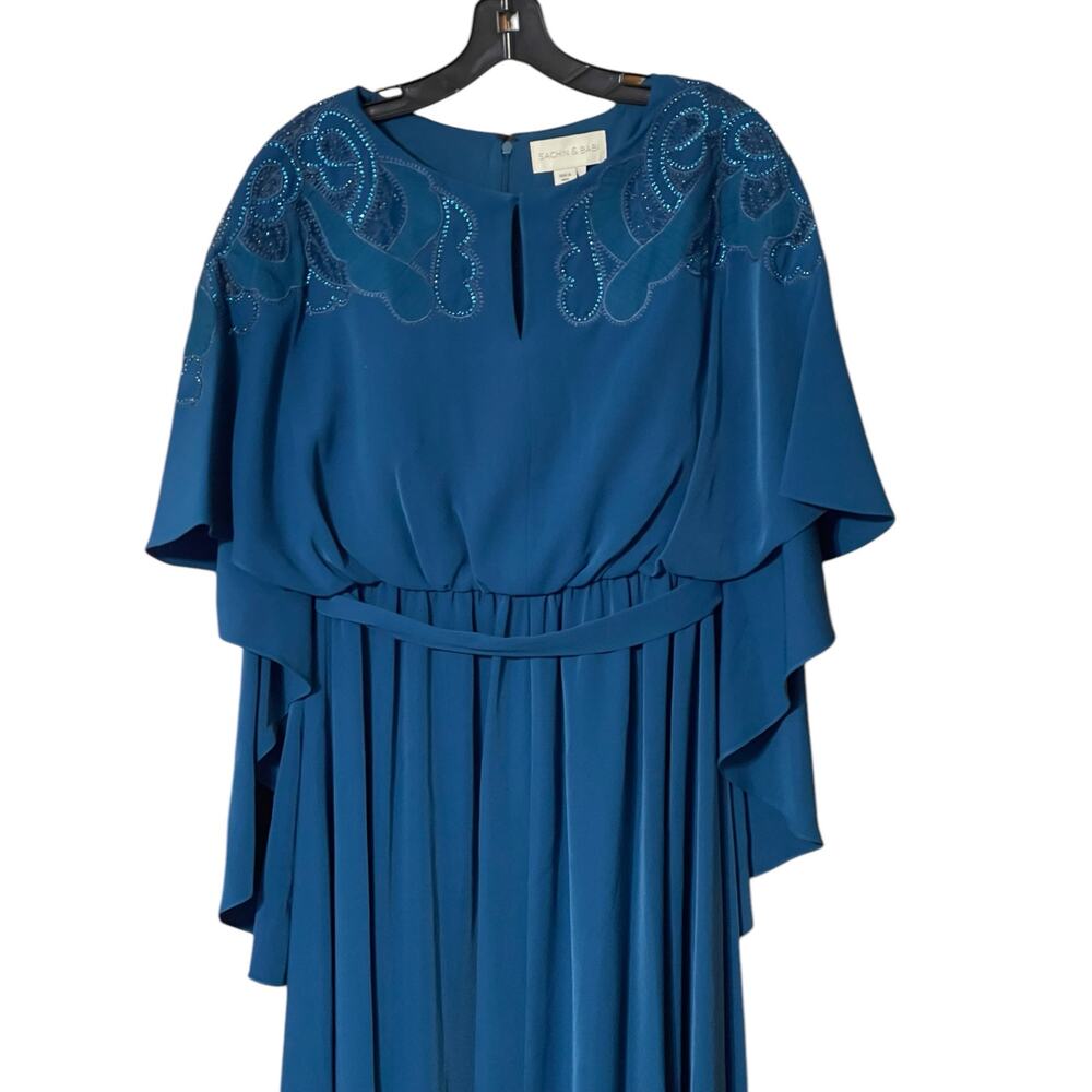 Sachin & Babi NEW Size 10 Moroccan Blue Crepe Embroidered Wren Cape Maxi Gown - Picture 5 of 12